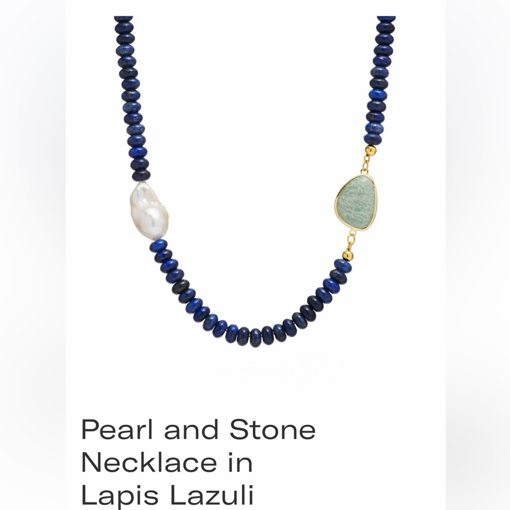 Lapis Bead Necklace with Pearl and Green Stone Accent
